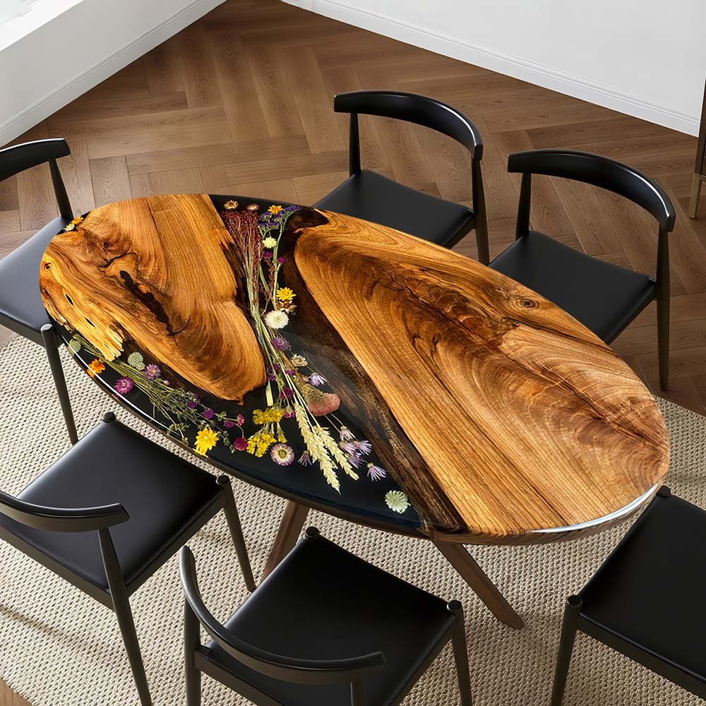 Elite Walnut Wood & Dried Flower/Hay Resin Oval Coffee Table ECT - 191 - Elitecustomtable