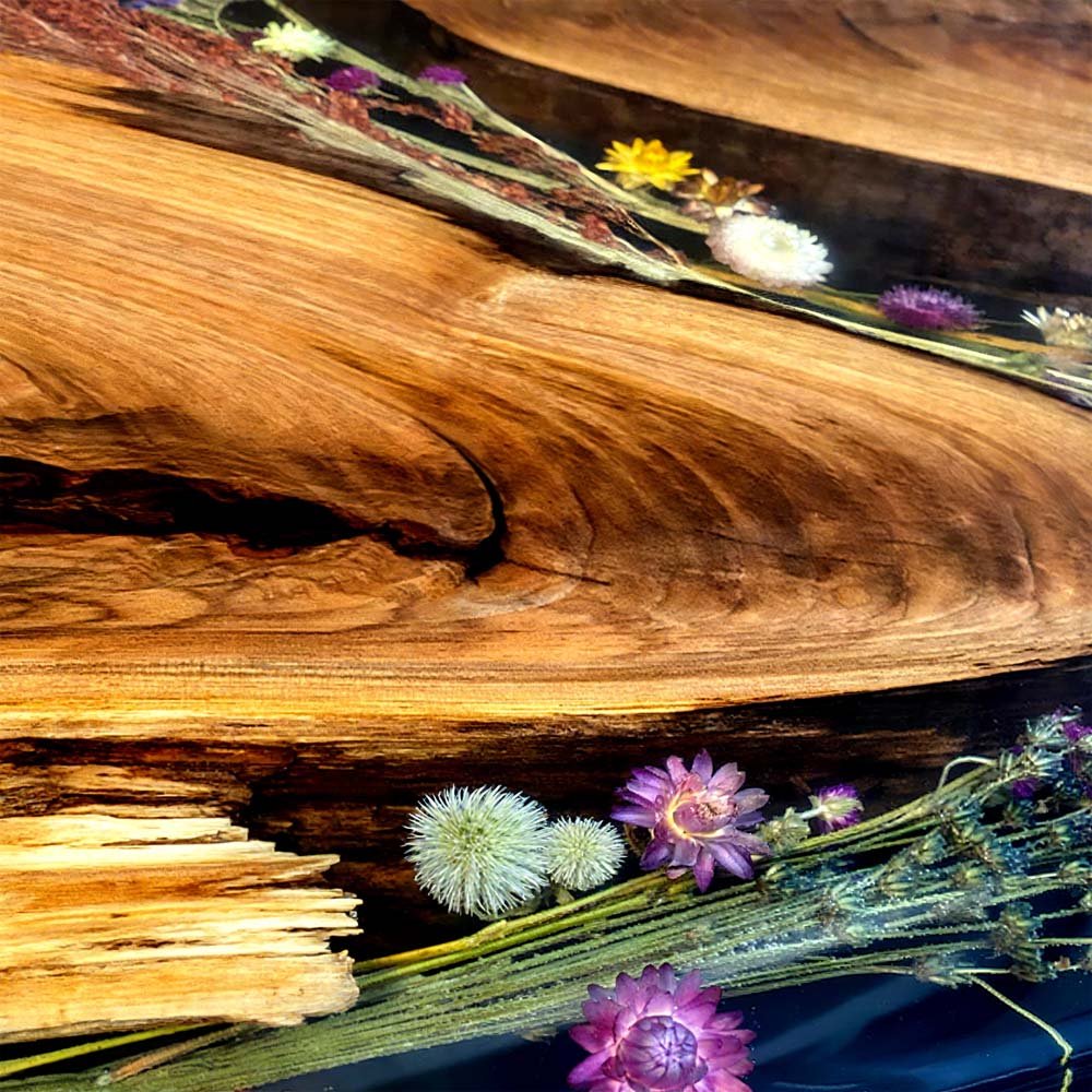 Elite Walnut Wood & Dried Flower/Hay Resin Oval Coffee Table ECT - 191 - Elitecustomtable