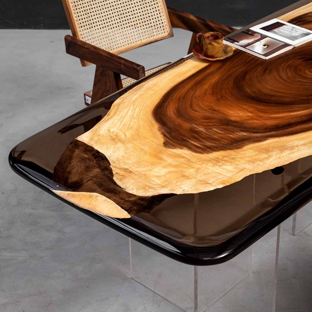 Elite Walnut Wood & Gray - Transparent Epoxy Dining Table ECT-33 - Elitecustomtable