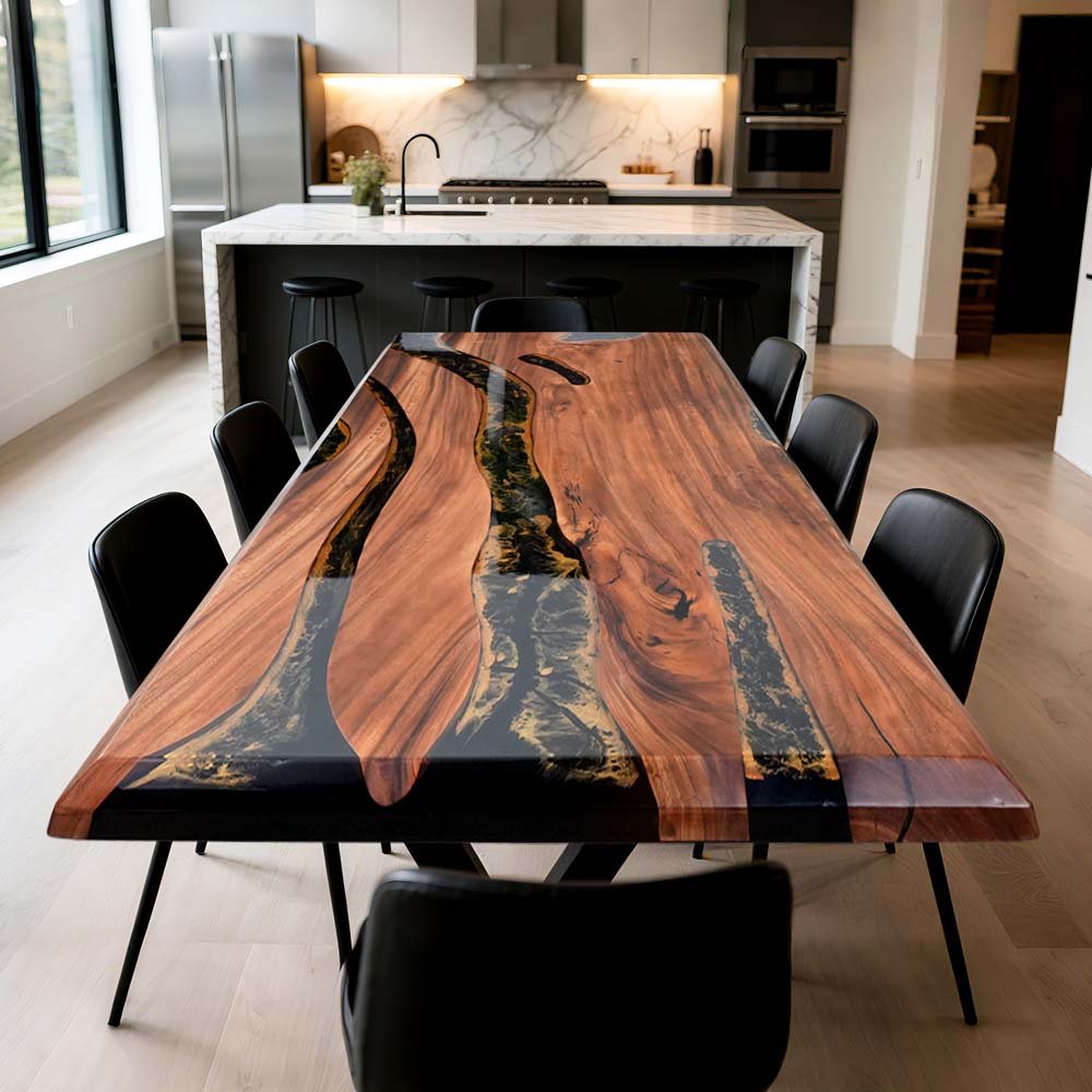 Elite Walnut Wood with Black Epoxy and Yellow Gold Dining and Conferen ...