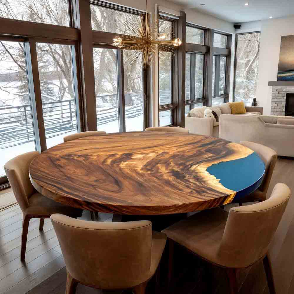 Elite Walnut Wood with Blue Epoxy Resin Round Coffee Table ECT - 172 - Elitecustomtable