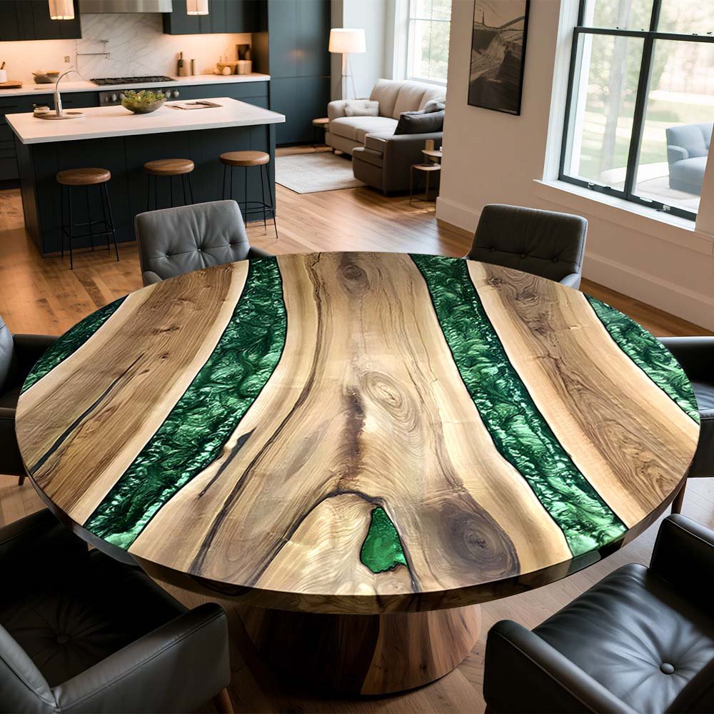 Elite Walnut Wood with Green Resin Round Coffee Table ECT - 207 - Elitecustomtable