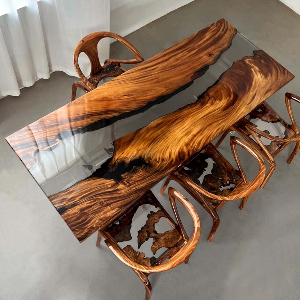 Elite Walnut Wood with Transparent Black - Gray Epoxy Resin Dining Table ECT - 163 - Elitecustomtable
