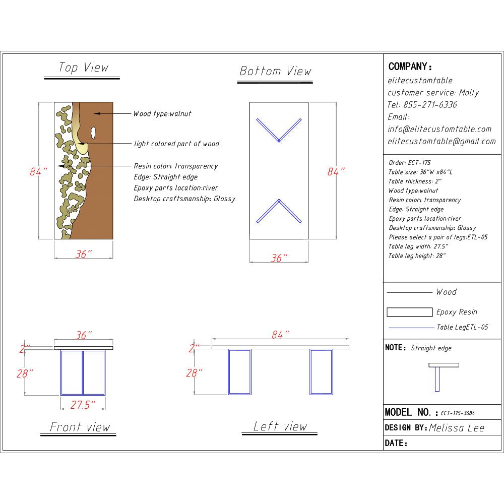 Elite Walnut Wood with Transparent Resin and Embedded Leaves Dining Table ECT - 175 - Elitecustomtable