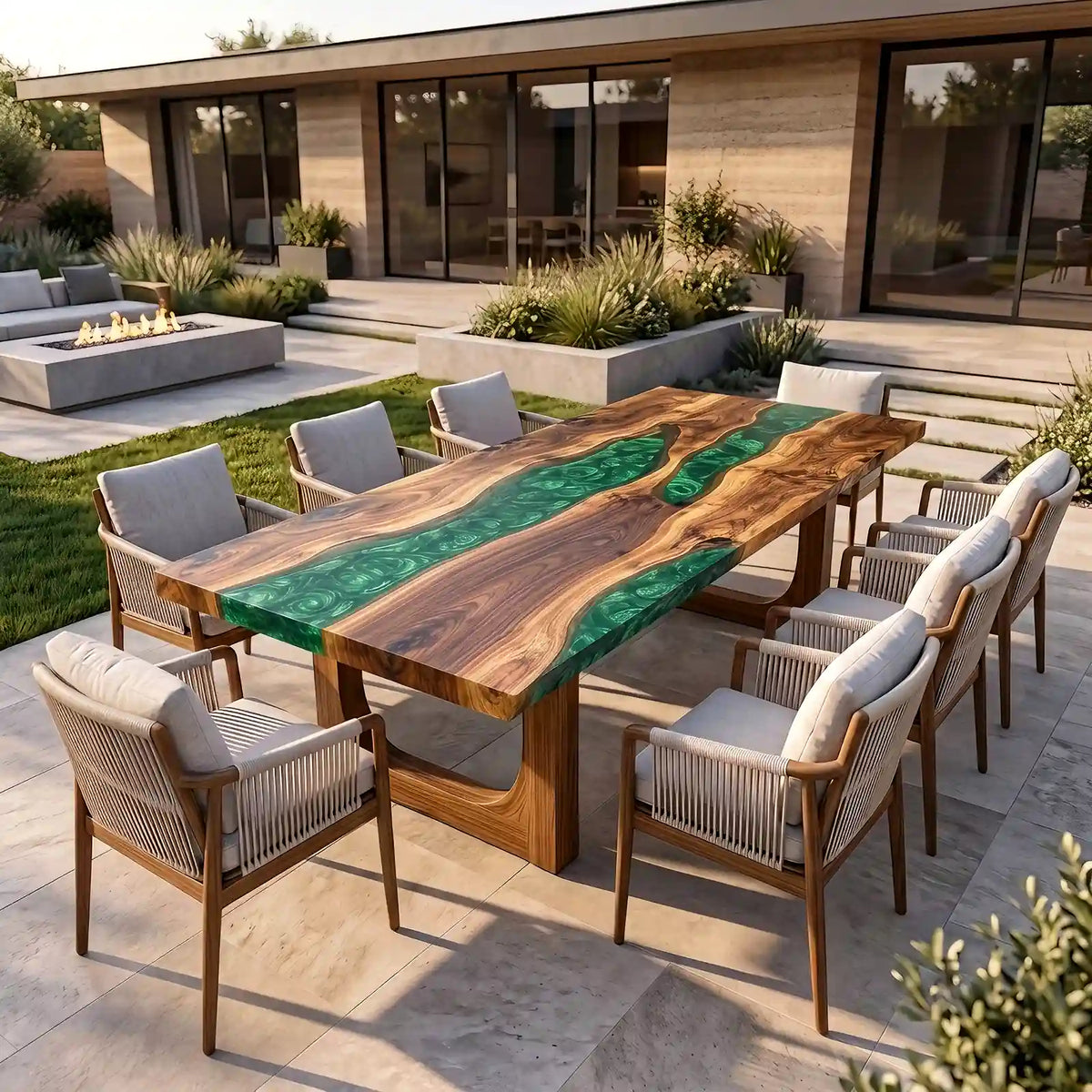 Live edge walnut dining table showcasing vibrant emerald green epoxy resin, organic wood contours, and intricate swirling patterns