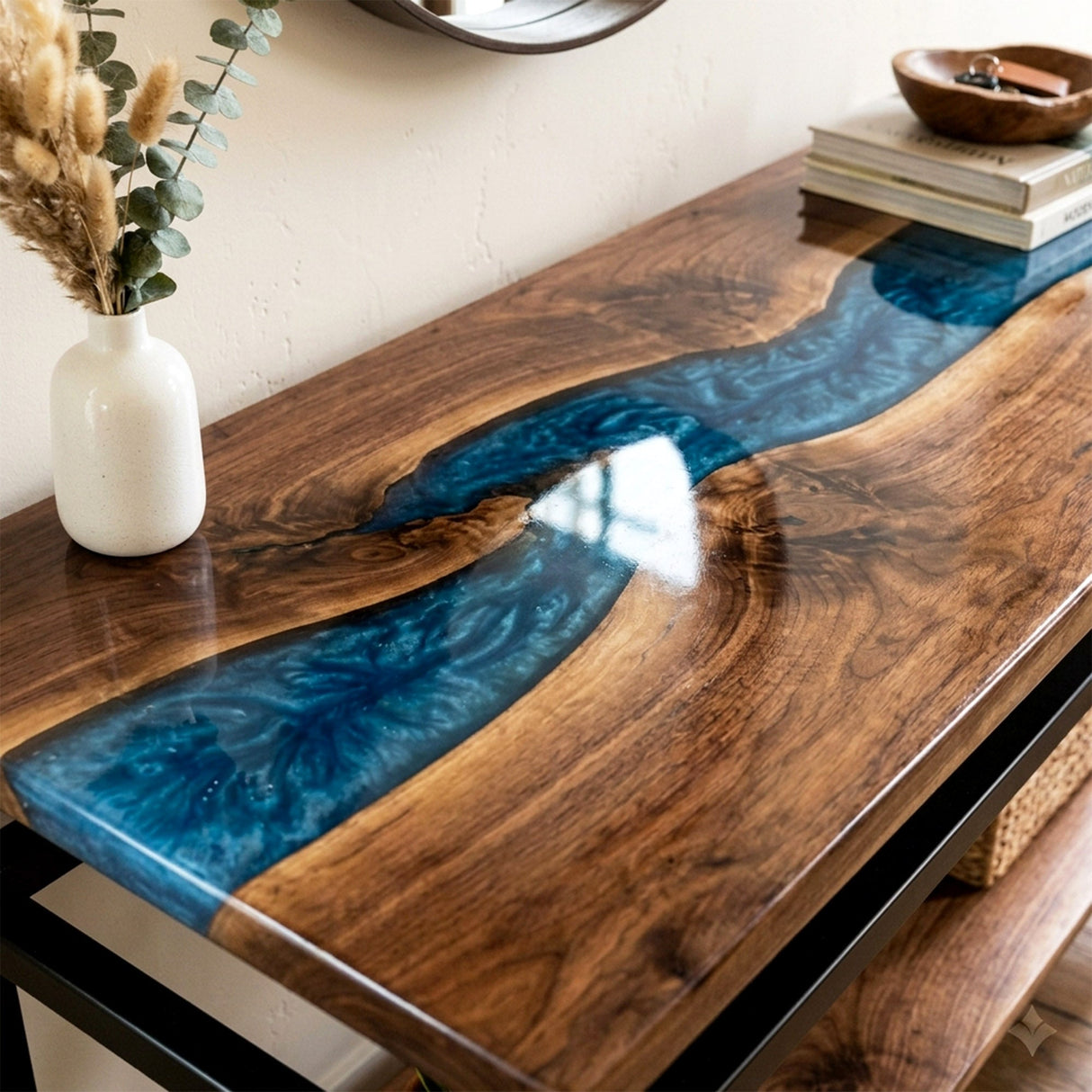 Epoxy Console Table Walnut Cobalt Pearl Blue Straight Edge Entryway Console Table ECT - 308 - Elitecustomtable