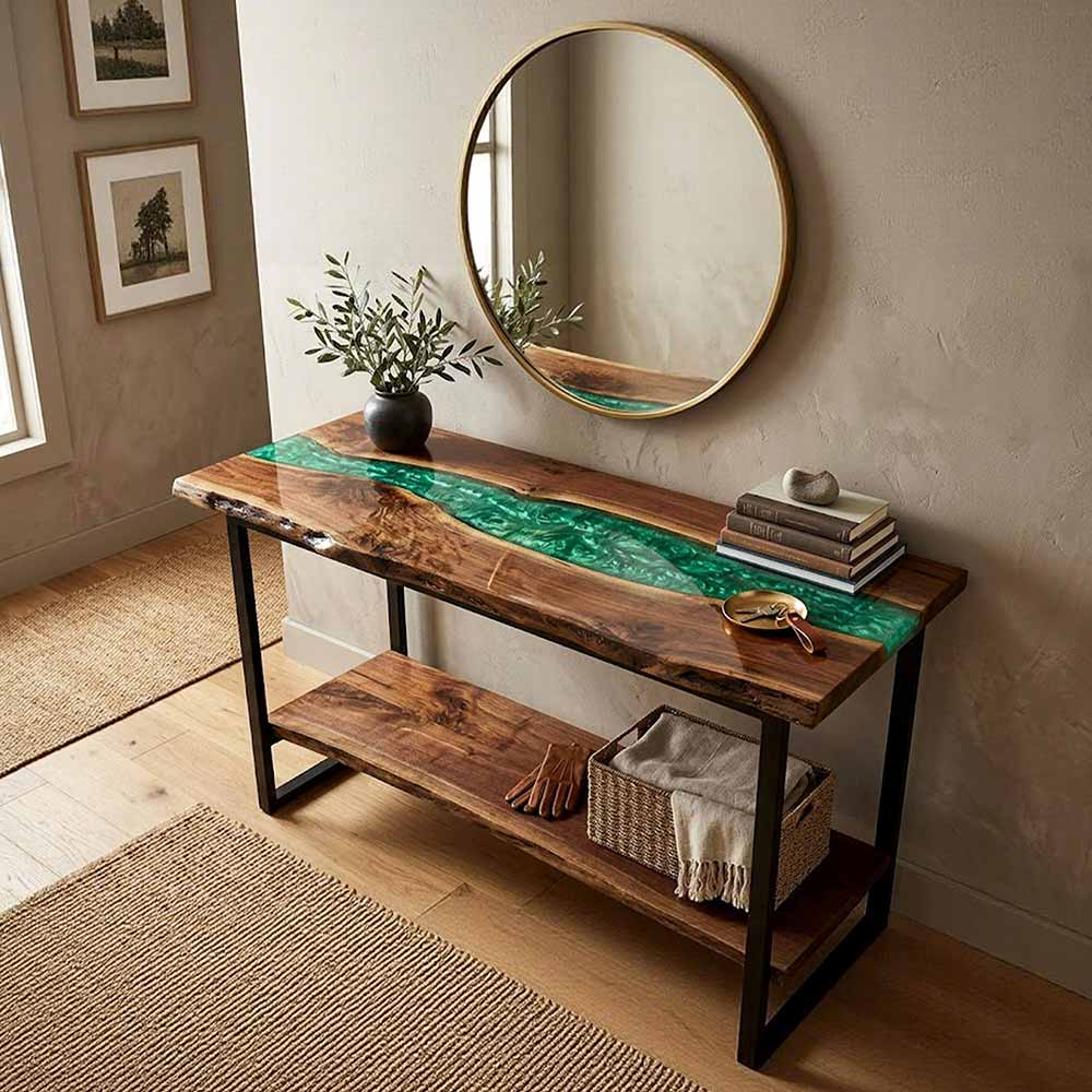 Epoxy Console Table Walnut Emerald Pearl Live Edge Rectangular Entryway Console Table ECT - 307 - Elitecustomtable