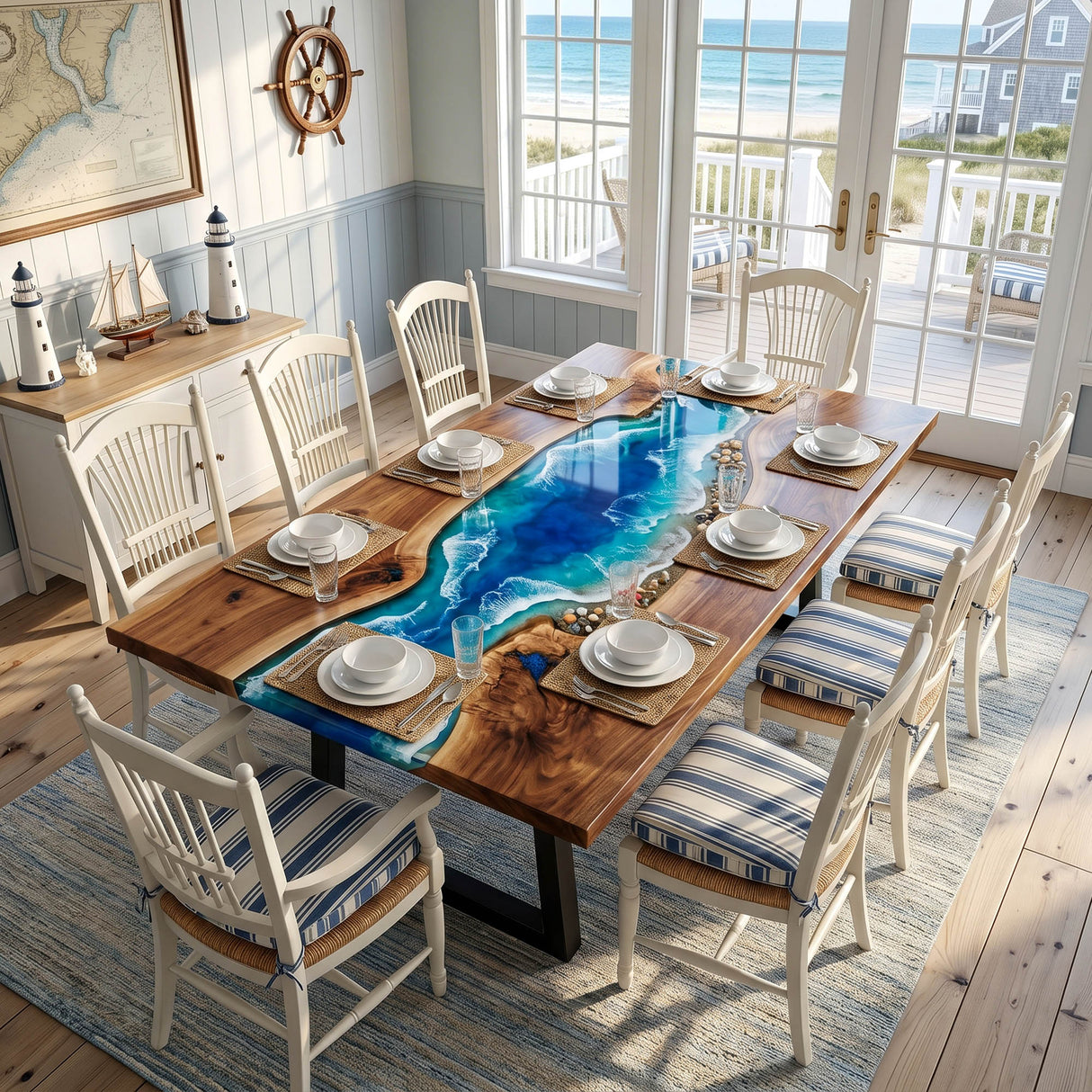 Epoxy Dining Room Table Walnut Coastal Blue Rectangular Straight Edge Beach Dining Table ECT - 314 - Elitecustomtable