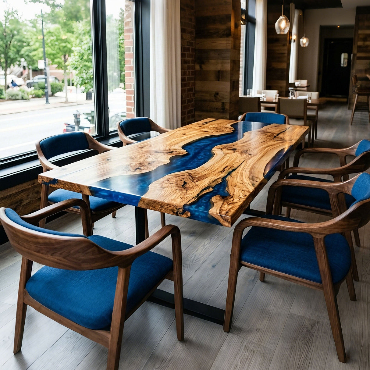 Epoxy Dining Table Olive Wood Cobalt Pearl Blue Rectangular Straight Edge Dining Table ECT - 296 - Elitecustomtable
