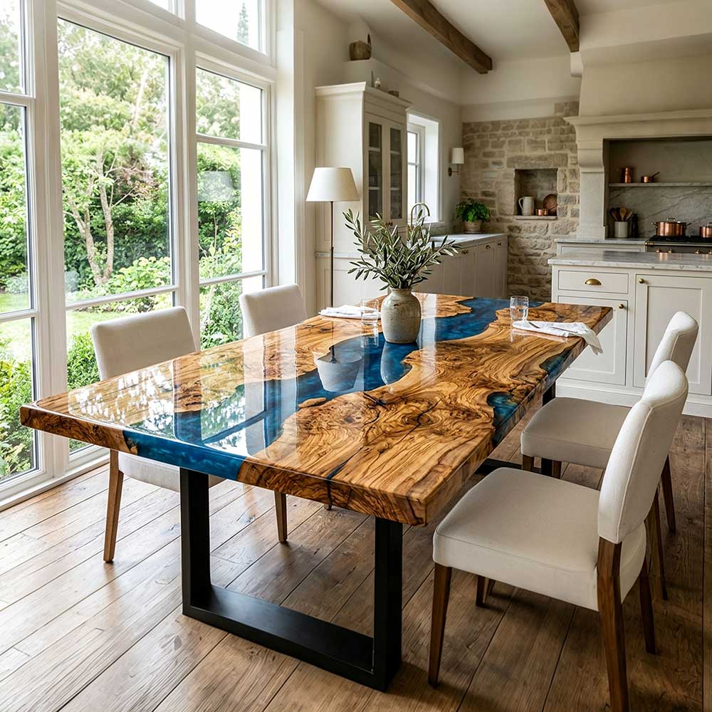 Epoxy Dining Table Olive Wood Cobalt Pearl Blue Rectangular Straight Edge Dining Table ECT - 296 - Elitecustomtable