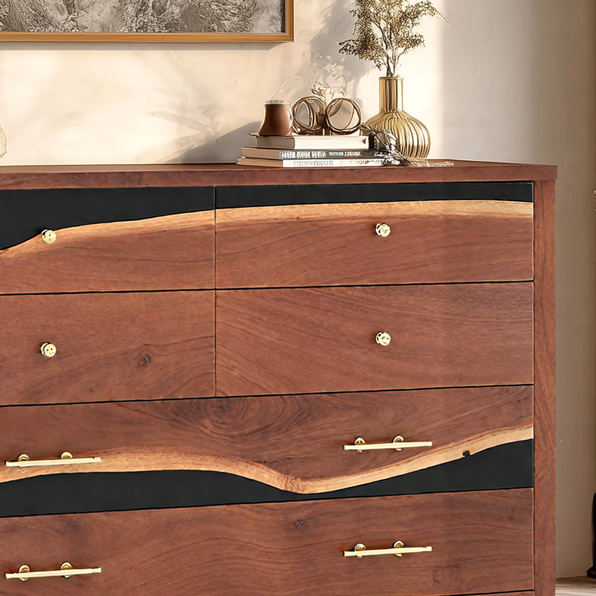 Epoxy dresser with gold handles and resin accents