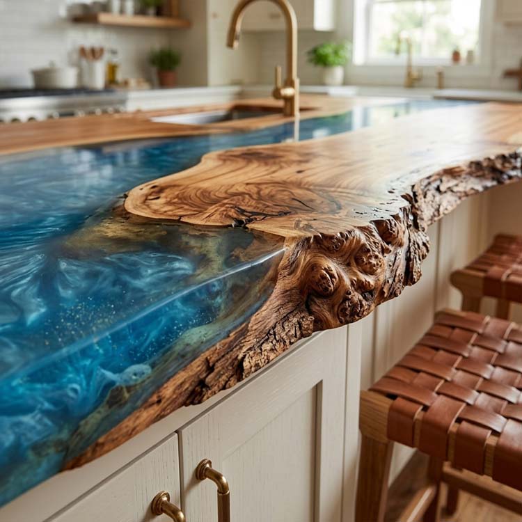 Epoxy Kitchen Island Countertop Walnut Azure Teal Waterfall Straight Edge ECT - 322 - Elitecustomtable