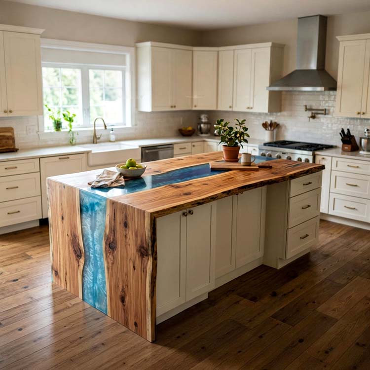 Epoxy Kitchen Island Countertop Walnut Azure Teal Waterfall Straight Edge ECT - 322 - Elitecustomtable