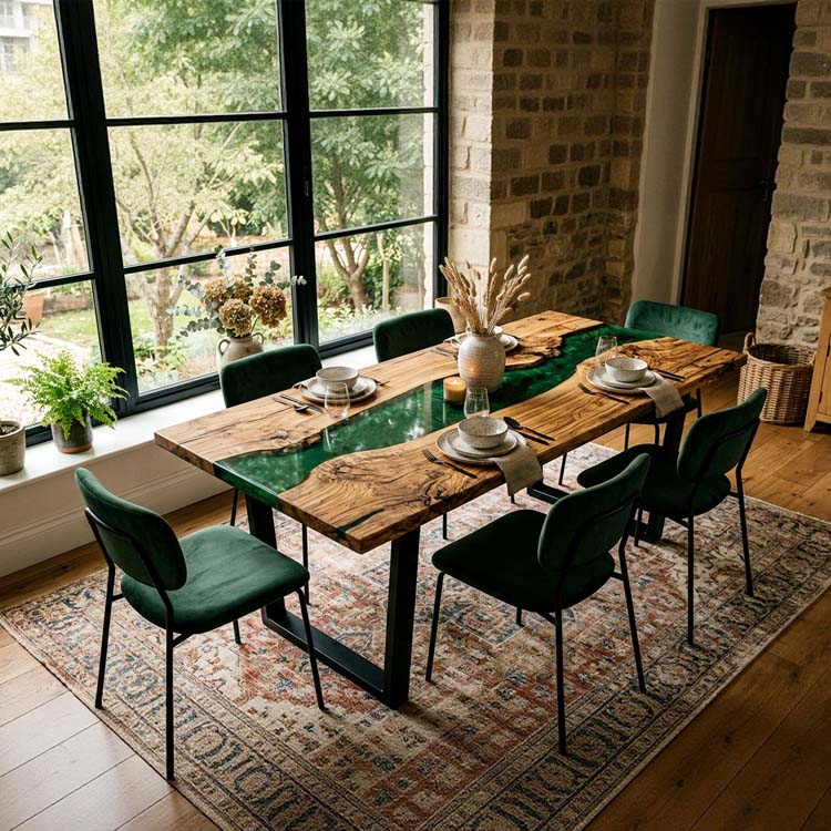 Epoxy River Table Olive Wood Emerald Green Rectangular Straight Edge Dining Table Top ECT - 290 - Elitecustomtable