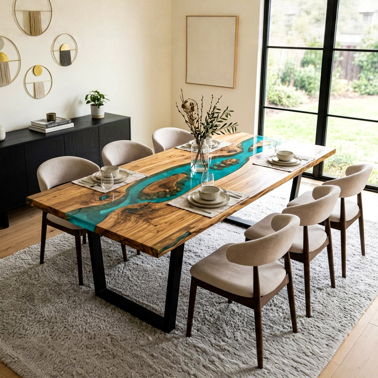 Epoxy River Table Olive Wood Turquoise Rectangular Straight Edge Dining Table Top ECT - 292 - Elitecustomtable