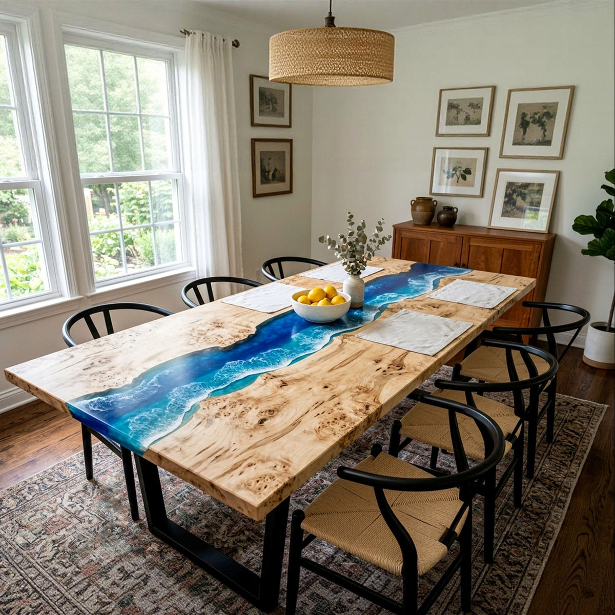 Epoxy River Table Poplar Cobalt Wave Rectangular Straight Edge Ocean Wave Dining Table ECT - 320 - Elitecustomtable