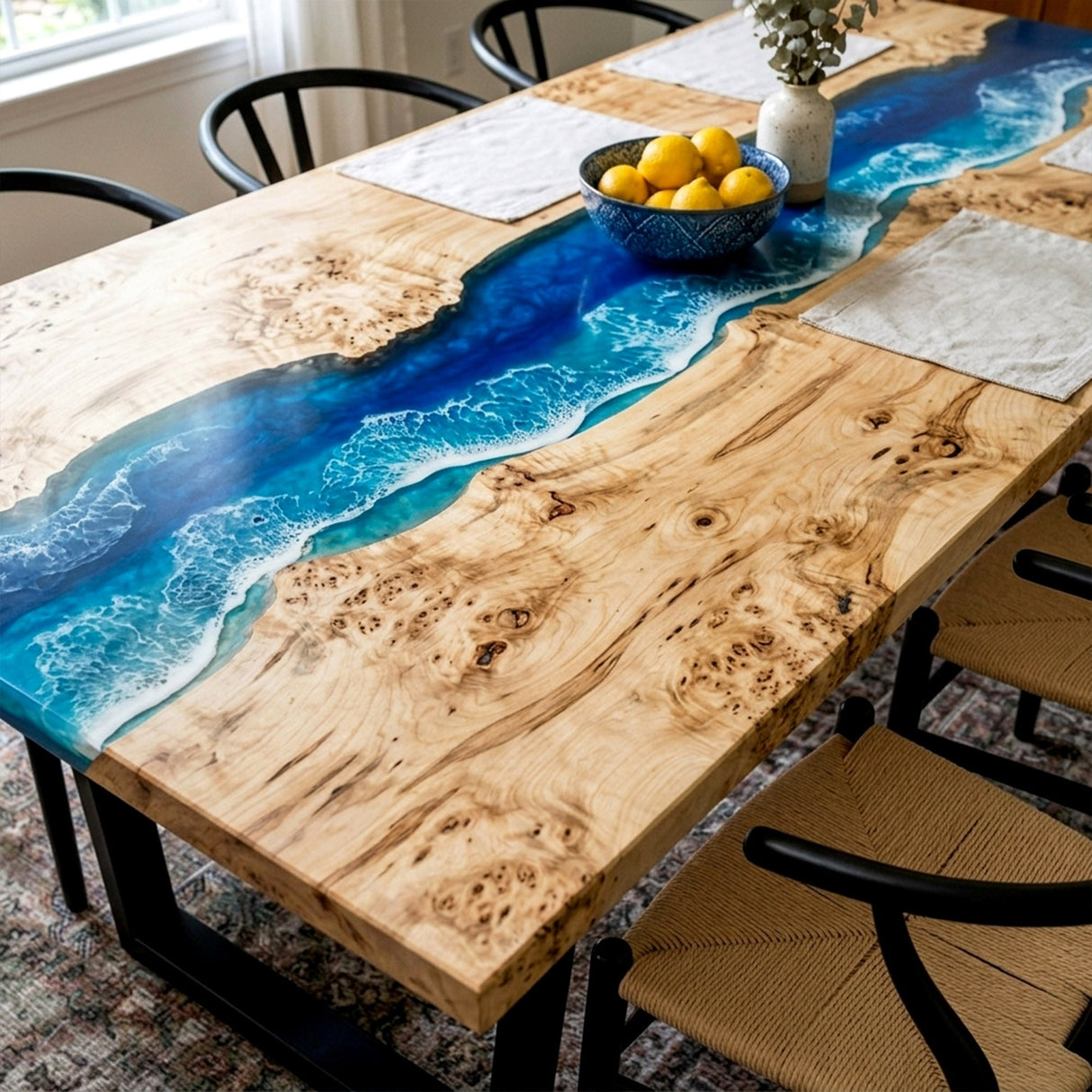 Epoxy River Table Poplar Cobalt Wave Rectangular Straight Edge Ocean Wave Dining Table ECT - 320 - Elitecustomtable