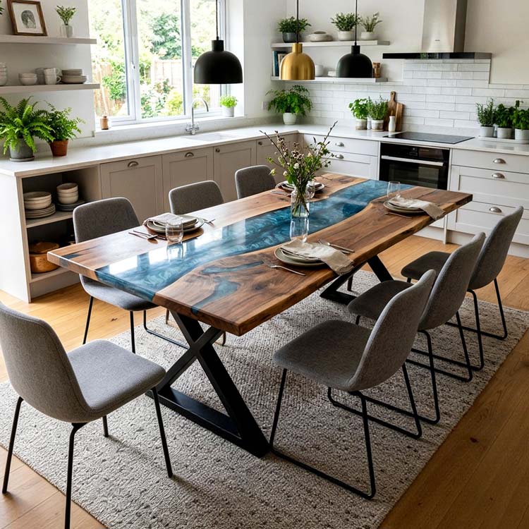 Epoxy River Table Walnut Deep Ocean Blue Rectangular Straight Edge Dining Table ECT - 301 - Elitecustomtable