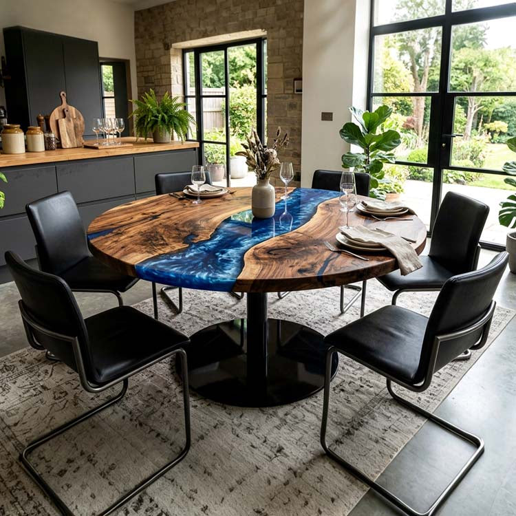 Epoxy River Table Walnut Sapphire Blue Round Straight Edge Dining Table Top ECT - 289 - Elitecustomtable
