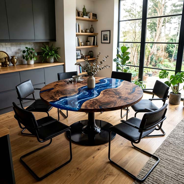 Epoxy River Table Walnut Sapphire Blue Round Straight Edge Dining Table Top ECT - 289 - Elitecustomtable