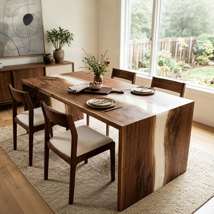 Epoxy Waterfall Table Walnut Pearl White Rectangular Straight Edge Dining Table ECT - 309 - Elitecustomtable