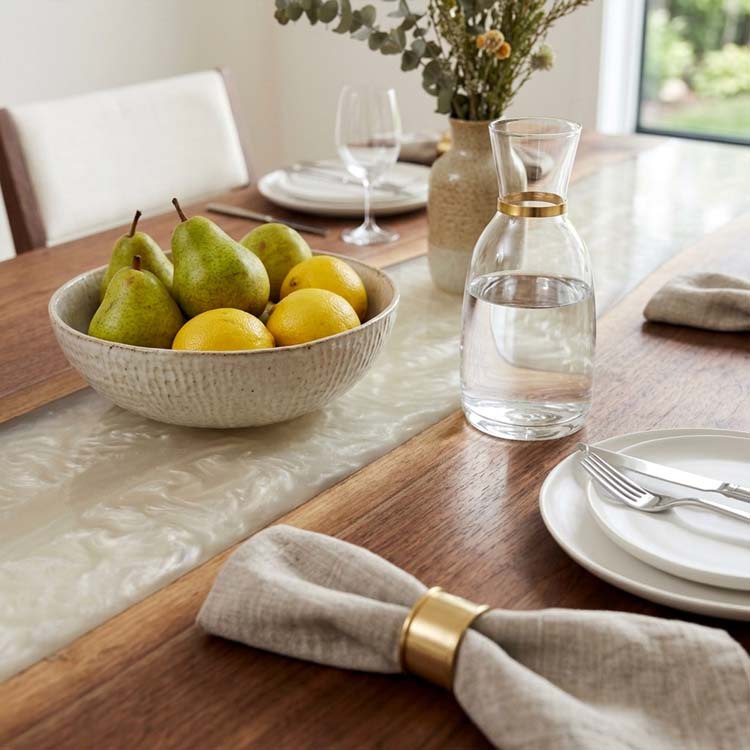 Epoxy Waterfall Table Walnut Pearl White Rectangular Straight Edge Dining Table ECT - 309 - Elitecustomtable
