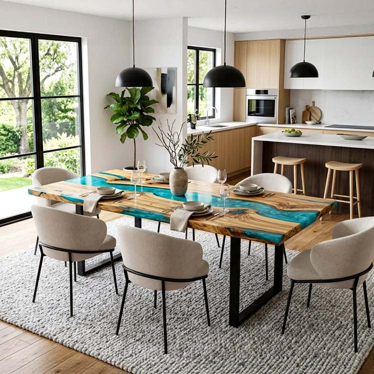 Epoxy Wood Table Olive Wood Aqua Teal Rectangular Straight Edge Dining Table Top ECT - 293 - Elitecustomtable