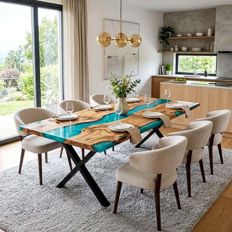 Epoxy Wood Table Olive Wood Aqua Teal Rectangular Straight Edge Dining Table Top ECT - 293 - Elitecustomtable