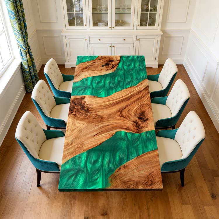 Epoxy Wood Table Olive Wood Jade Pearl Green Rectangular Straight Edge Dining Table ECT - 305 - Elitecustomtable