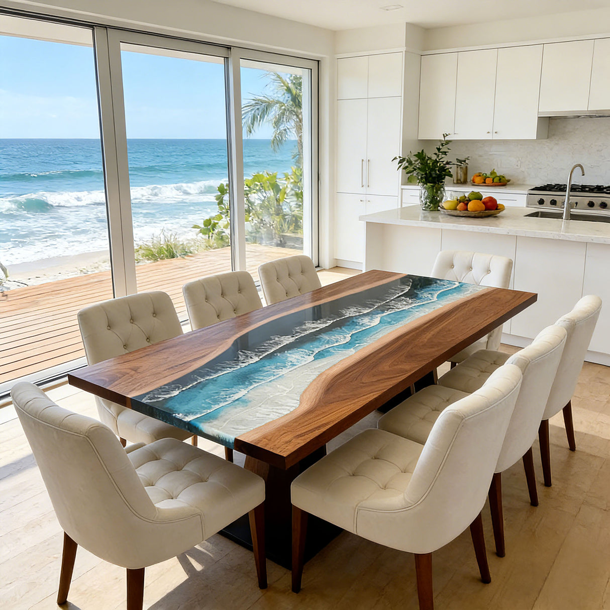 Elite Handcrafted Walnut Ocean Resin Dining Table – Straight Edge Blue Wave Epoxy River Table ECT-275