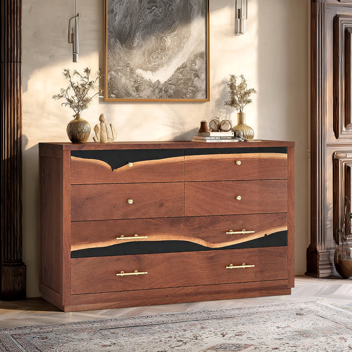 Handmade Wood Epoxy Dresser – Walnut Resin Storage Cabinet with 6 Drawers ECD - 01 - Elitecustomtable