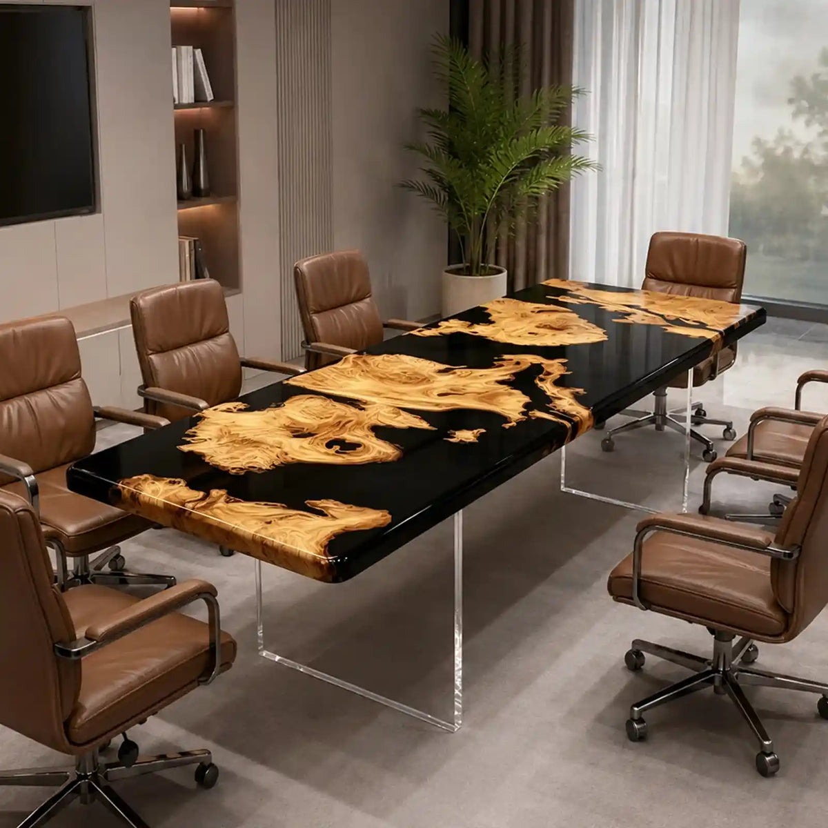 High-gloss golden camphor epoxy tabletop with naturally figured wood islands, deep black resin surrounds, and a smooth mirror-like finish