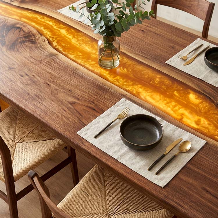 LED Epoxy Table Walnut Amber Glow Rectangular Straight Edge Dining Table ECT - 310 - Elitecustomtable