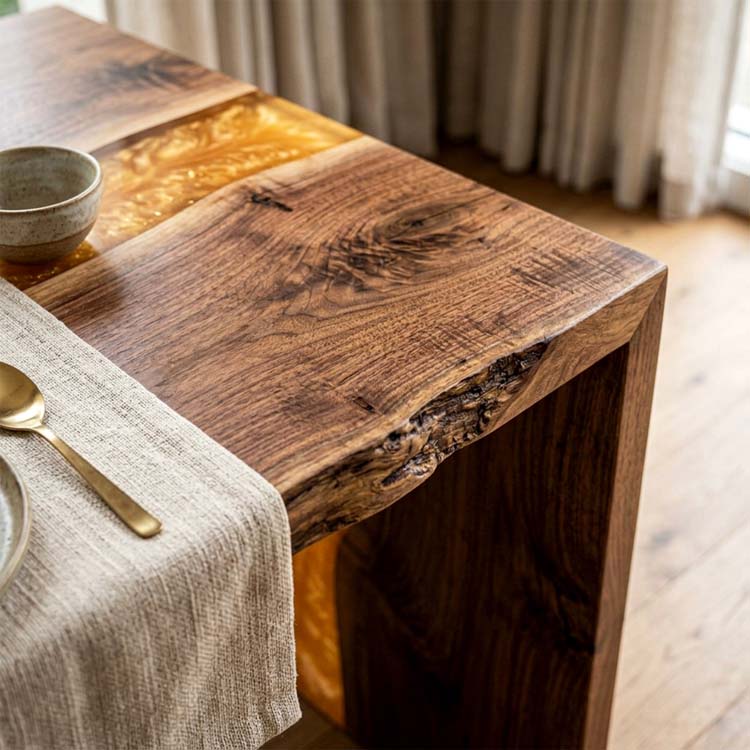 LED Epoxy Table Walnut Amber Glow Rectangular Straight Edge Dining Table ECT - 310 - Elitecustomtable