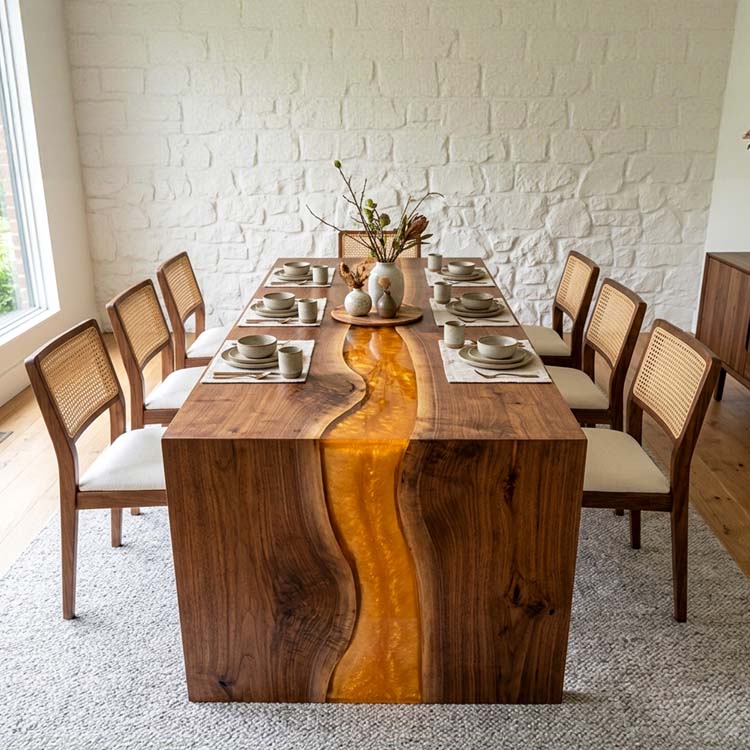 LED Epoxy Table Walnut Amber Glow Rectangular Straight Edge Dining Table ECT - 310 - Elitecustomtable
