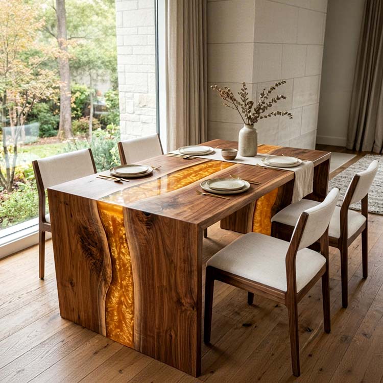 LED Epoxy Table Walnut Amber Glow Rectangular Straight Edge Dining Table ECT - 310 - Elitecustomtable