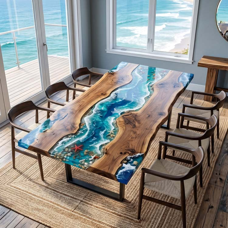 Live Edge Dining Room Table Walnut Tropical Teal Rectangular Live Edge Beach Dining Table ECT - 316 - Elitecustomtable