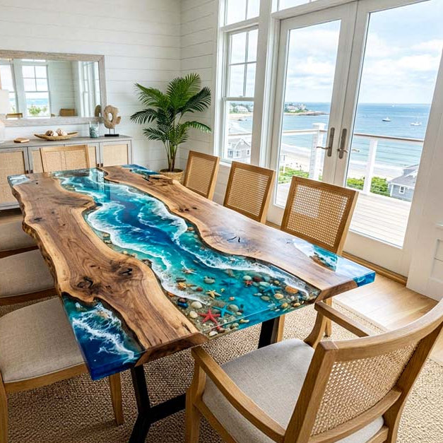 Live Edge Dining Room Table Walnut Tropical Teal Rectangular Live Edge Beach Dining Table ECT - 316 - Elitecustomtable