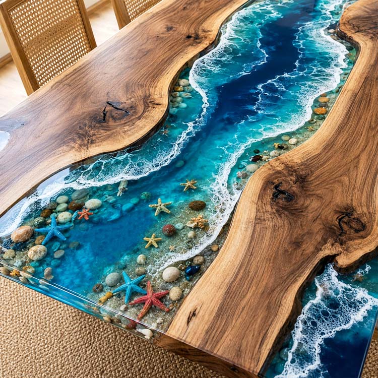 Live Edge Dining Room Table Walnut Tropical Teal Rectangular Live Edge Beach Dining Table ECT - 316 - Elitecustomtable