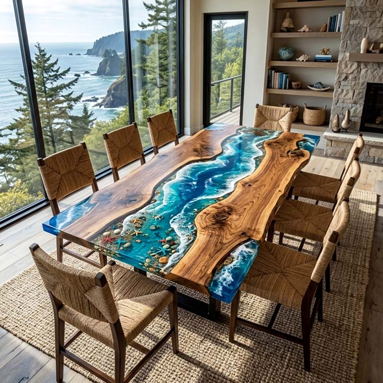 Live Edge Dining Room Table Walnut Tropical Teal Rectangular Live Edge Beach Dining Table ECT - 316 - Elitecustomtable