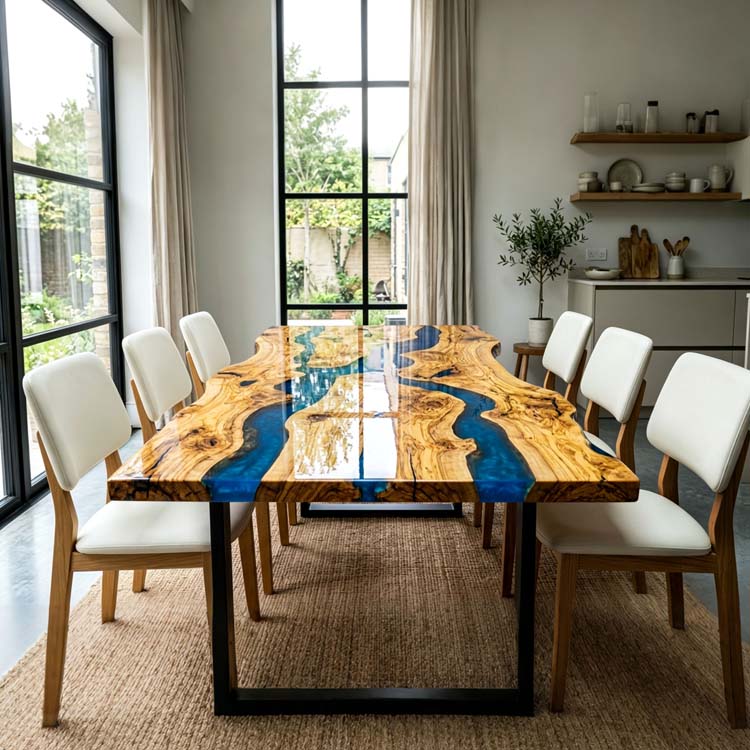 Live Edge Dining Table Olive Wood Steel Blue Rectangular Live Edge Epoxy Dining Table ECT - 306 - Elitecustomtable