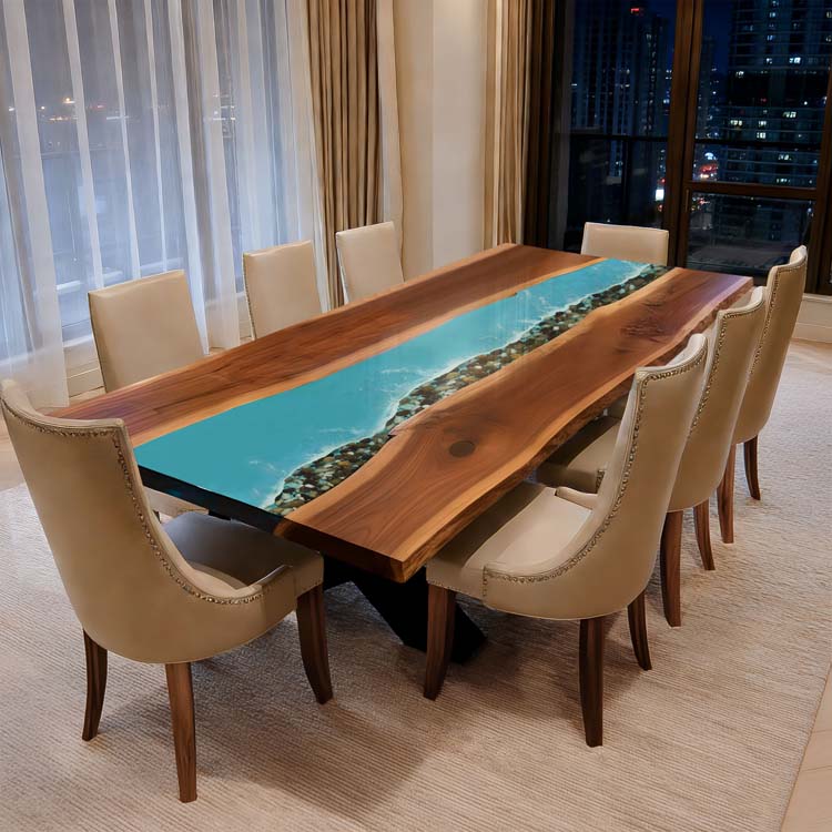 Live Edge Dining Table Walnut Ocean Wave Teal Rectangular Live Edge Dining Table ECT - 298 - Elitecustomtable