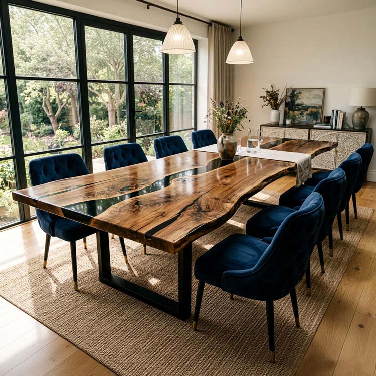 Live Edge Epoxy Table Walnut Midnight Black Rectangular Live Edge Dining Table ECT - 300 - Elitecustomtable