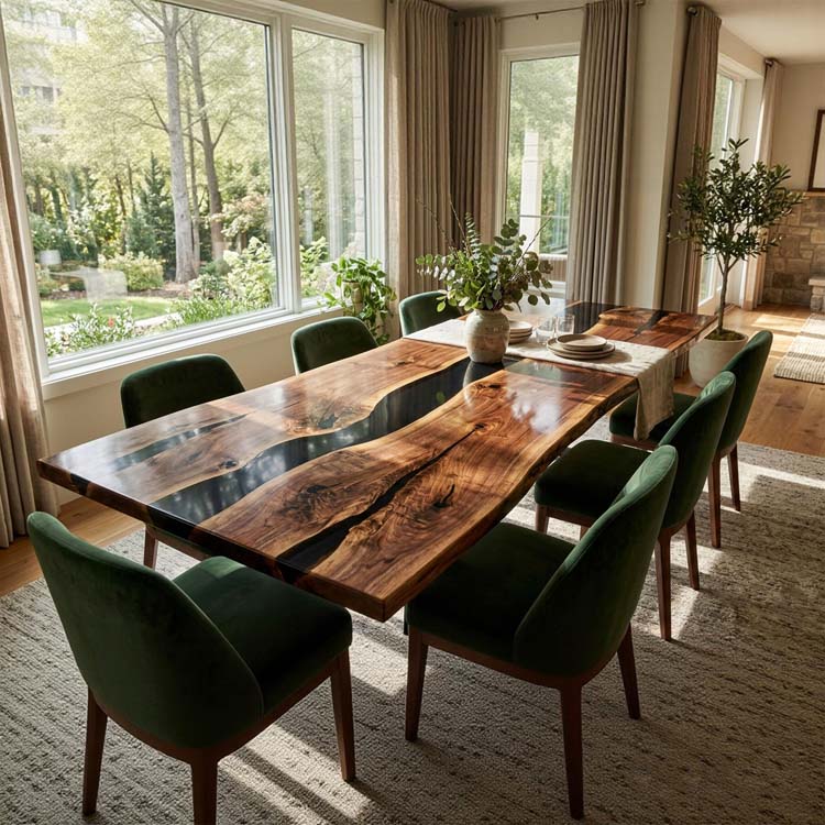 Live Edge Epoxy Table Walnut Midnight Black Rectangular Live Edge Dining Table ECT - 300 - Elitecustomtable