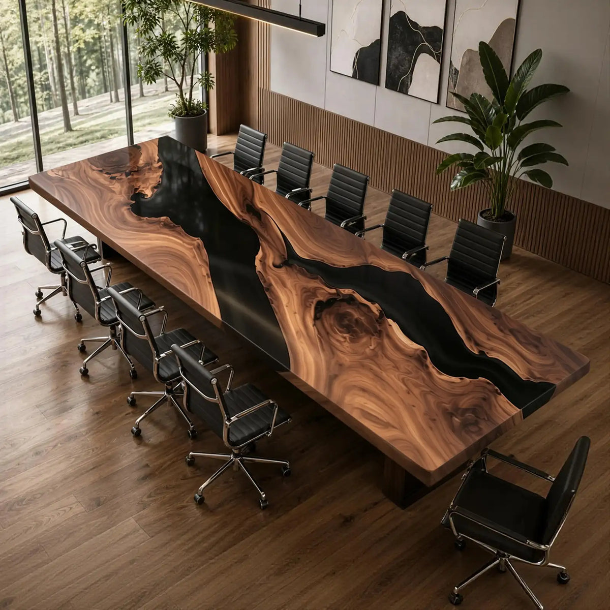 Luxury black walnut boardroom table showcasing deep black epoxy resin, intricate swirling wood patterns, and organic live edge details