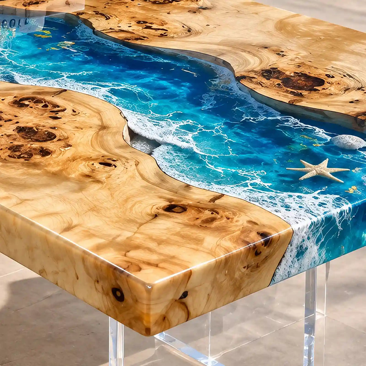 Luxury poolside patio featuring a poplar wood ocean wave epoxy coffee table with starfish accents, clear acrylic legs, and elegant outdoor lounge seating