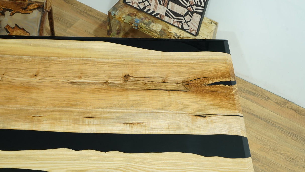 Margaret Chrisman's Custom Order – Ash Wood Black & White Epoxy Dining Table 40"W x 63"L - Elitecustomtable