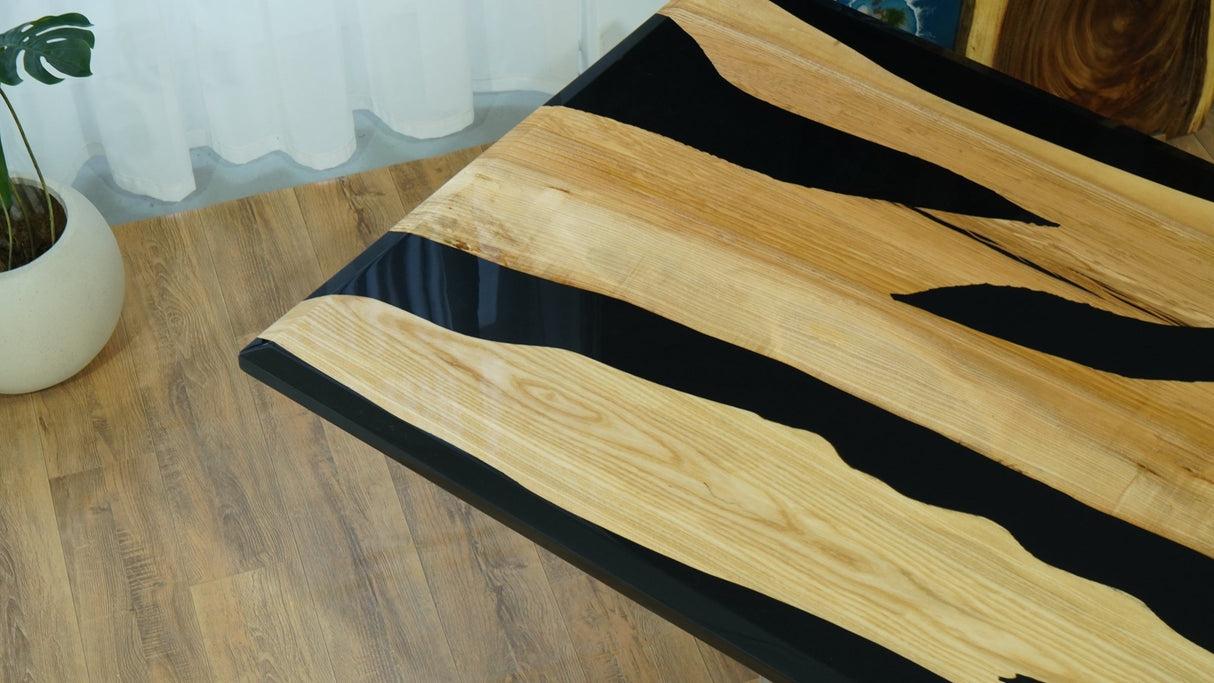 Margaret Chrisman's Custom Order – Ash Wood Black & White Epoxy Dining Table 40"W x 63"L - Elitecustomtable