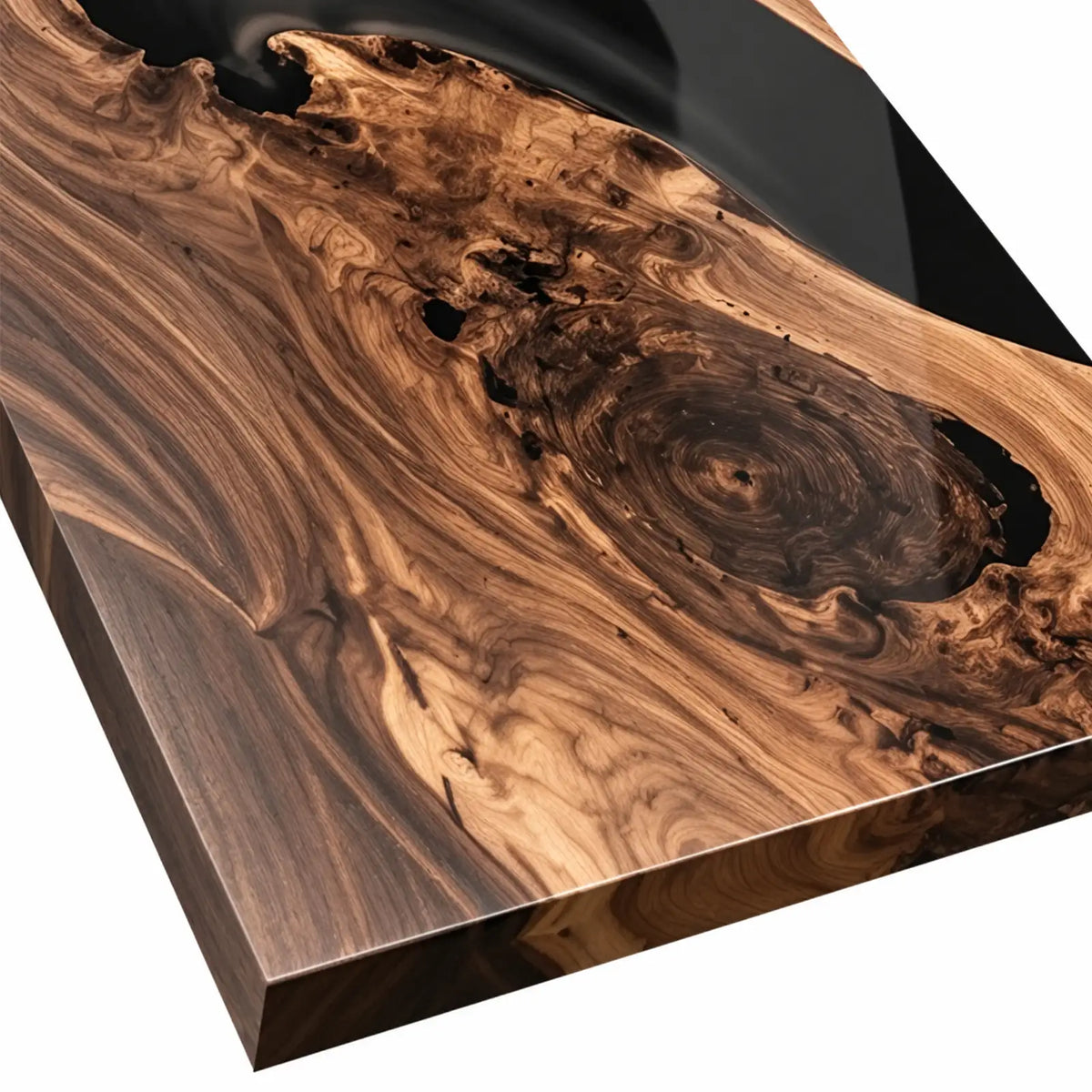 Modern black walnut and black epoxy resin executive meeting table surrounded by upholstered conference chairs in an elegant contemporary office
