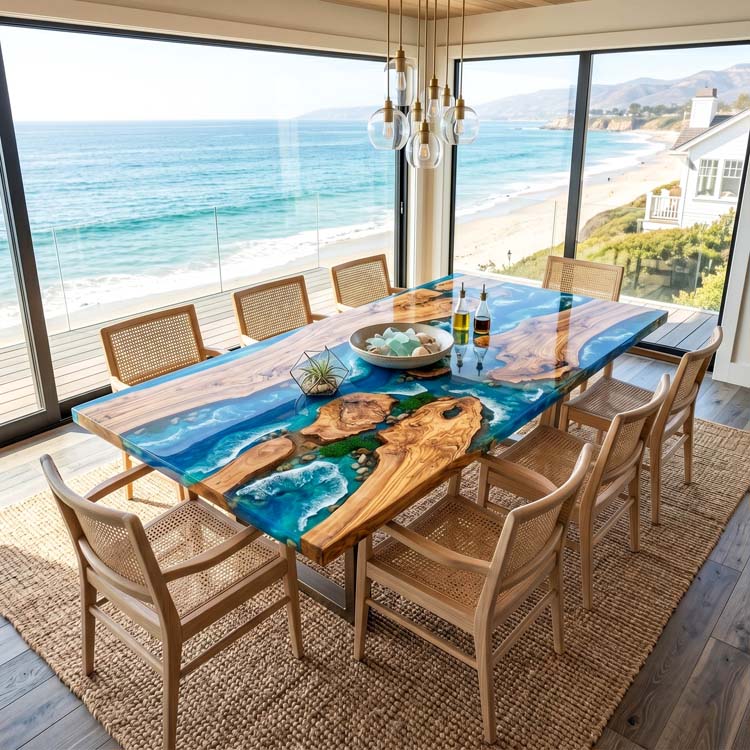 Ocean Epoxy Table Olive Wood Archipelago Blue Rectangular Straight Edge Dining Table ECT - 318 - Elitecustomtable